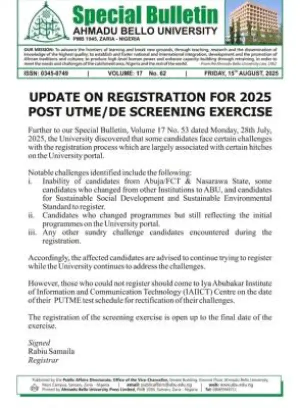ABU Zaria update on 2025 post UTME/DE registration issues