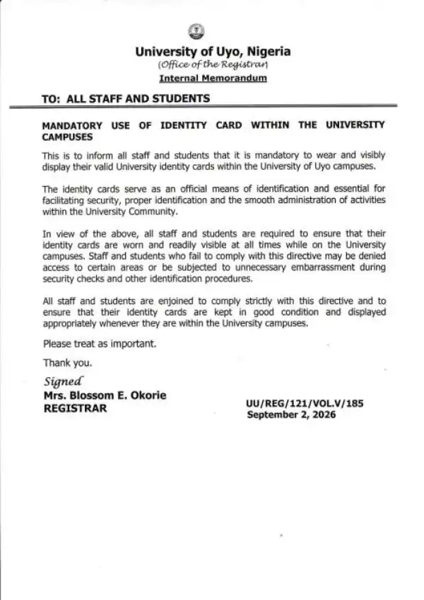 UNIUYO issues notice on mandatory use of ID Cards on campus