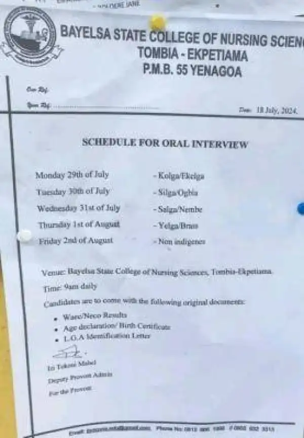 Bayelsa State College of Nursing Sciences oral interview of admitted candidates, 2024/2025