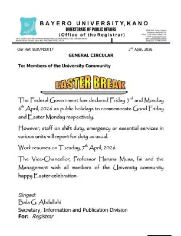 BUK staff on emergency duties to remain on duty during Easter Break