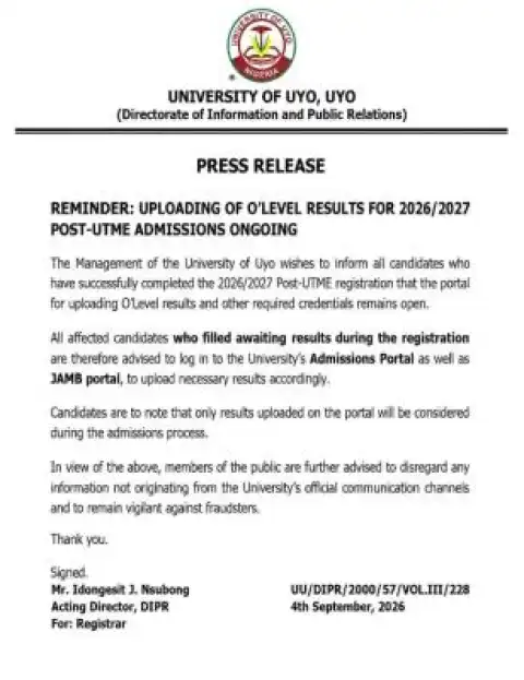 UNIUYO reminder on O'level result upload, 2026/2027