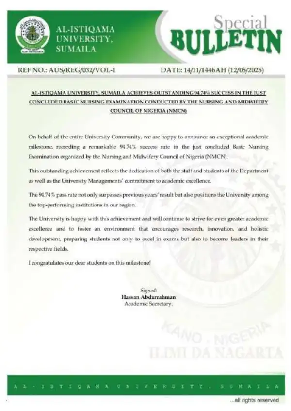 Al-Istiqama University, Sumaila achieves 94.74% success rate in Basic Nursing examination