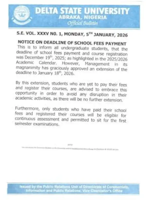 DELSU notice on extension of deadline for school fees payment