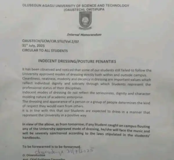 OAUSTECH warns against indecent dressing within the campus