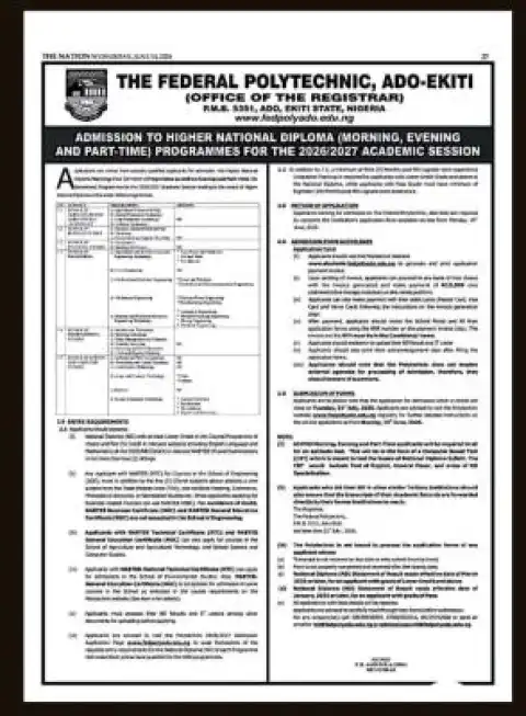 Federal Polytechnic, Ado-Ekiti HND (Full-time/Part-time) Admission form, 2026/2027
