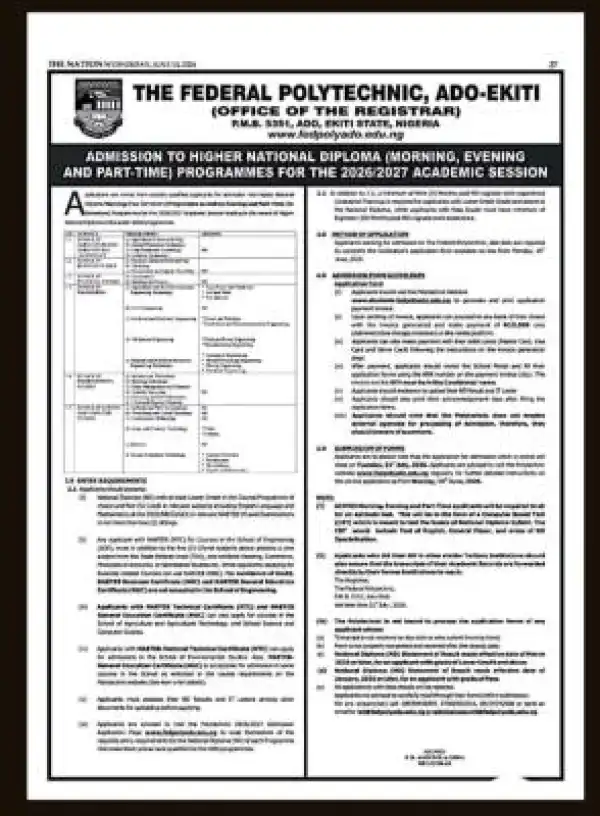 Federal Polytechnic, Ado-Ekiti HND (Full-time/Part-time) Admission form, 2026/2027