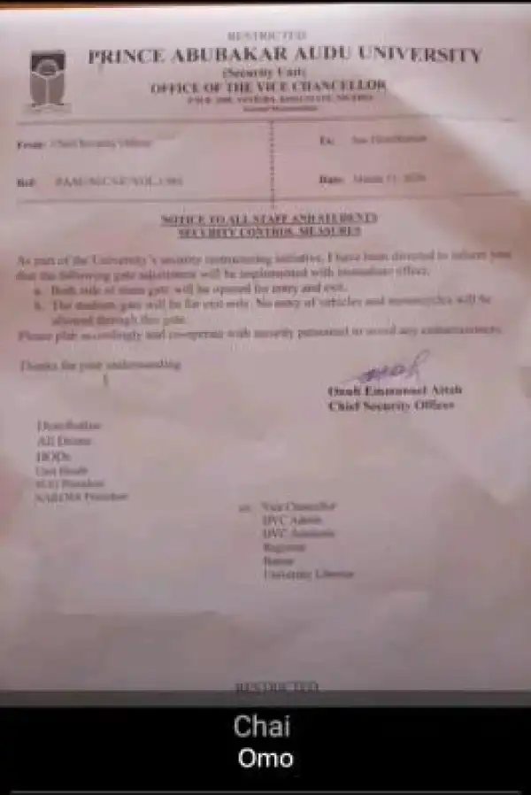 PAAU notice to staff and students on change to gate access protocol