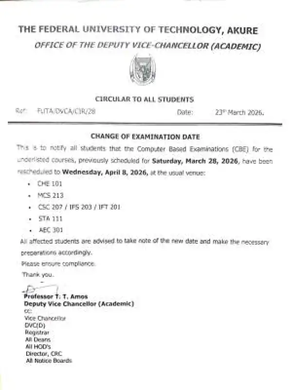 FUTA announces change in examination date, 2025/2026