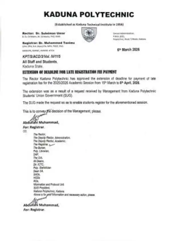 KADPOLY notice on extension of late registration deadline, 2025/2026