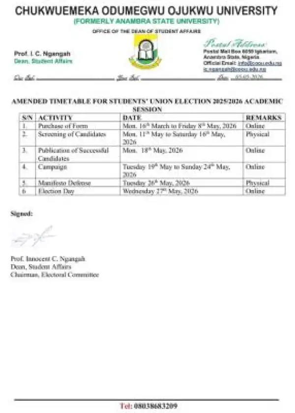 COOU releases SUG amended election timetable, 2025/2026