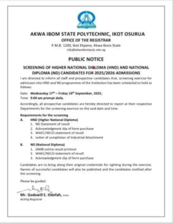Akwa Ibom State Poly notice on screening of HND & ND candidates, 2025/2026