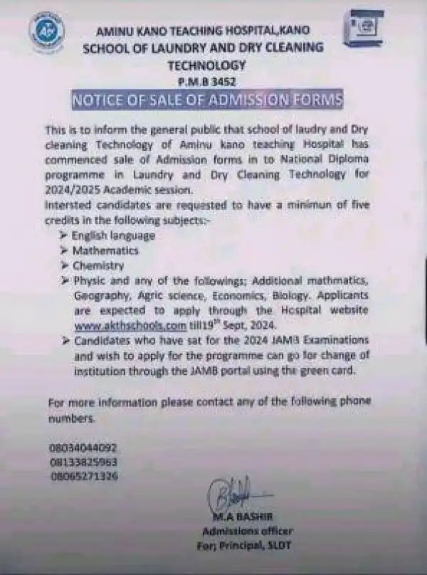 Aminu Kano Teaching Hospital ND in laundry & dry cleaning Tech, 2024/2025