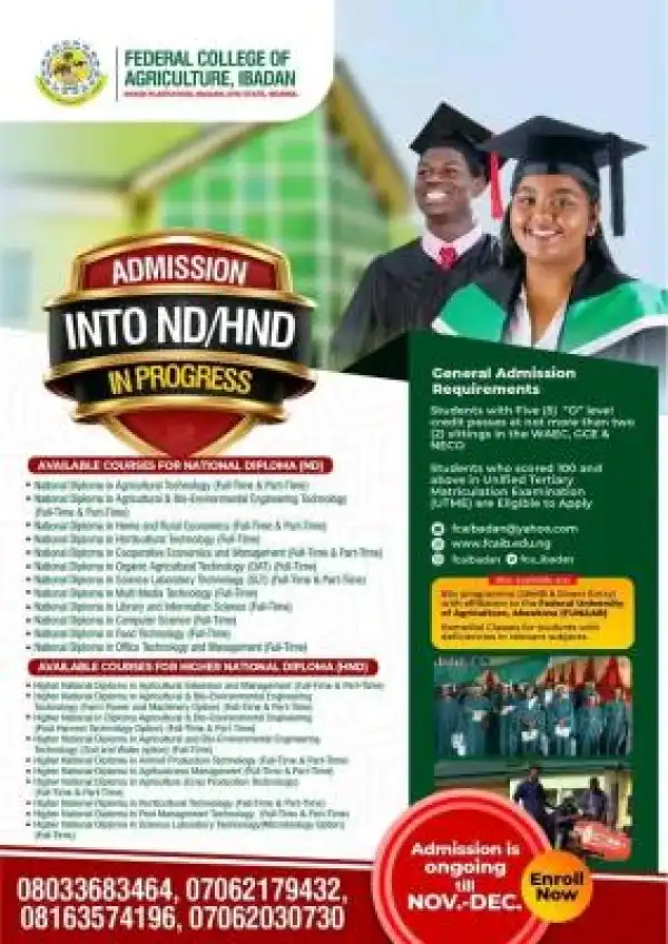 Federal College Of Agriculture Moor Plantation ND/HND admission, 2025/2026