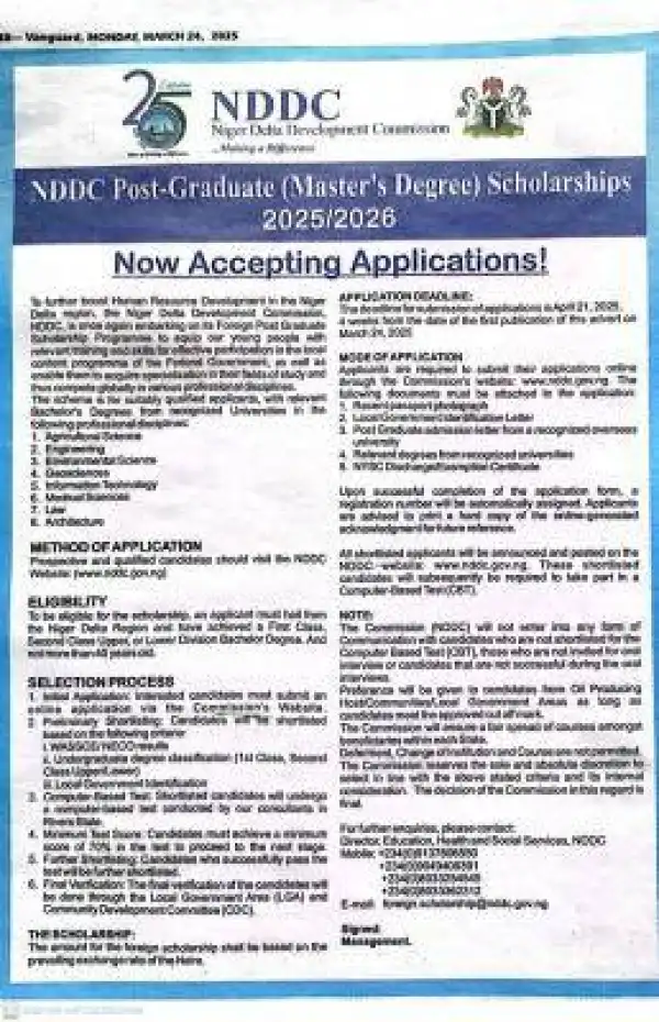 NDDC postgraduate scholarships for students from Niger-Delta region of Nigeria, 2025/2026
