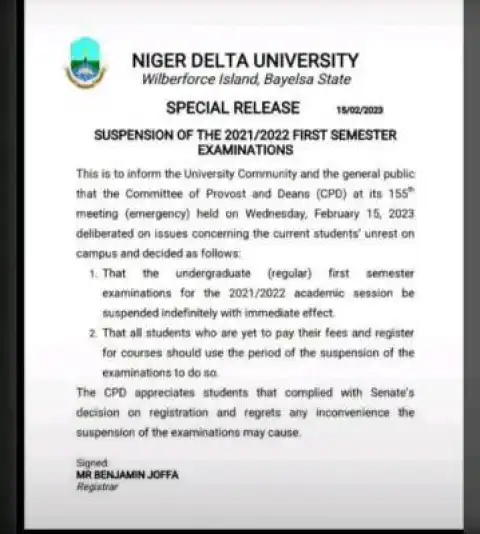 NDU suspends 2021/2022 1st semester examination