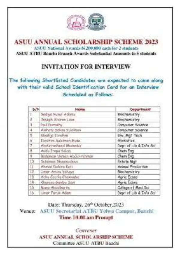 ATBU-ASUU annual scholarship scheme invitation for interview - 2023