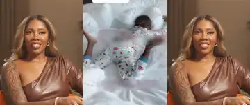 Tiwa Savage Shares Son’s Quirky Sleeping Position, Fans React
