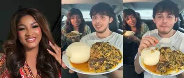 “No Fork Needed”- Omotola Shows Oyinbo Man How To Enjoy Pounded Yam The Nigerian Way