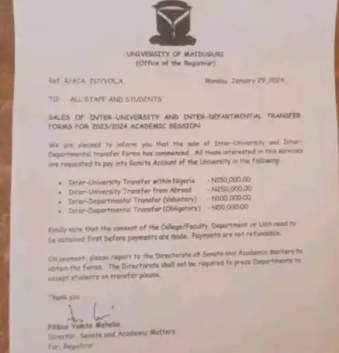 UNIMAID sales of Inter-University & Inter-Departmental Transfer forms, 2023/2024