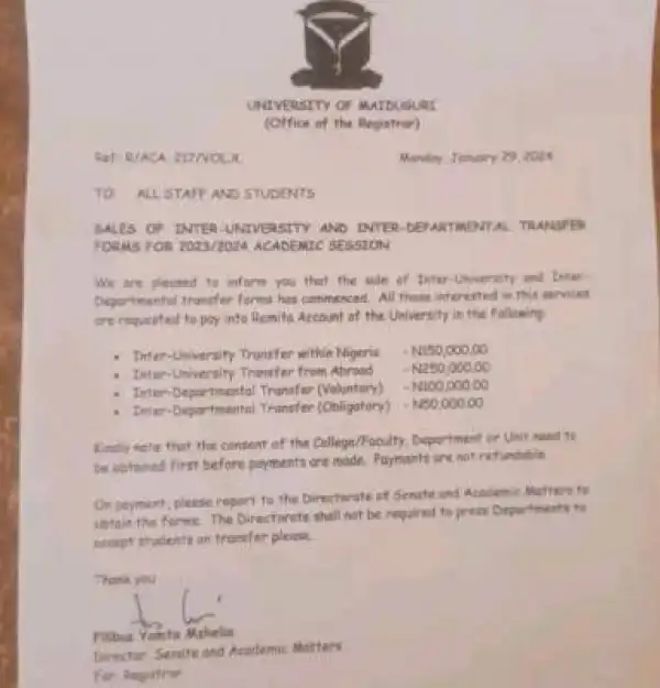 UNIMAID sales of Inter-University & Inter-Departmental Transfer forms, 2023/2024