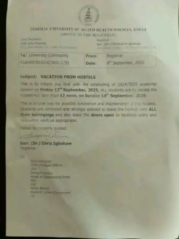 FUAHSE issues notice on vacation of hostels