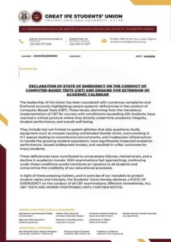 OAU SUG declares state of emergency on CBT exam, clamors extension of academic calendar