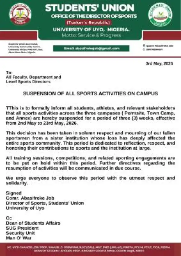 UNIUYO SUG suspends Campus Sports Activities for 3 Weeks