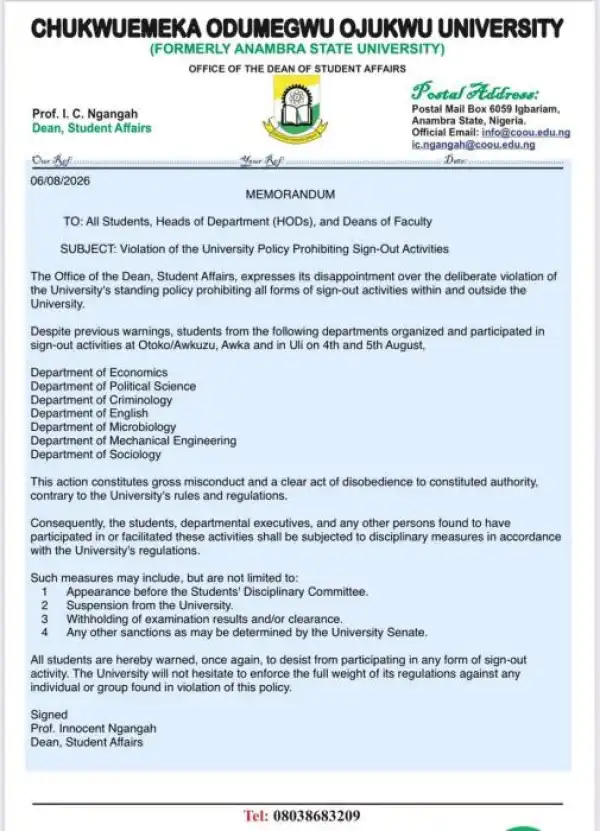 COOU warns students against sign-out activities, announces sanctions for violators