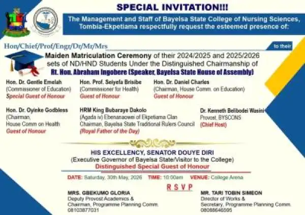 Bayelsa State College of Nursing Sciences Maiden Matriculation for 2024/2025 & 2025/2026 sessions