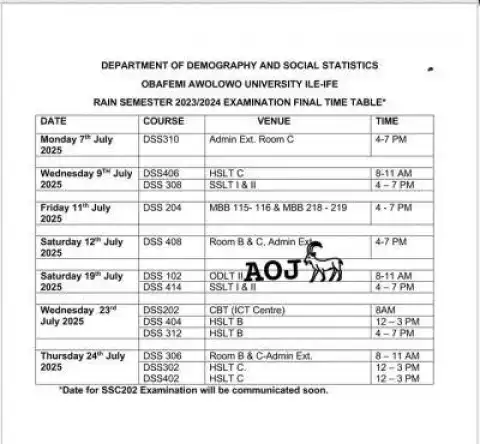 OAU releases rain semester final exam, timetable, 2023/2024