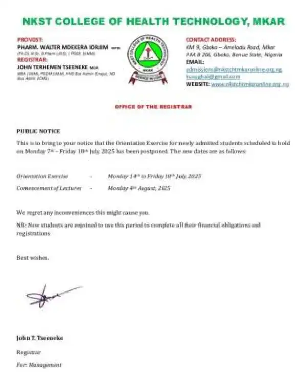 NKST College of Health Tech postpones orientation exercise