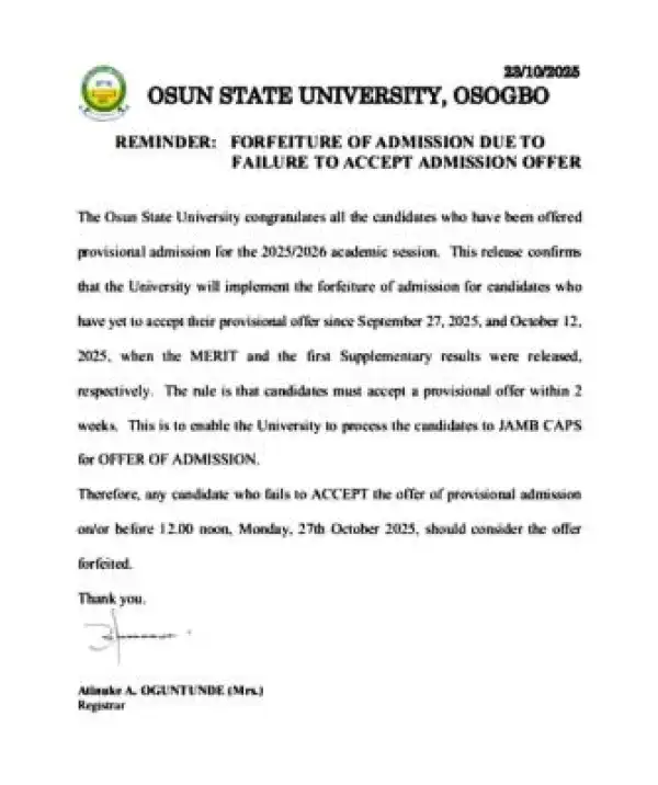UNIOSUN notice to candidates on deadline for admission acceptance