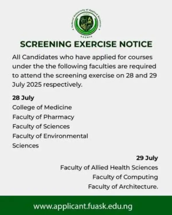 FUASK releases admission screening schedule, 2025/2025