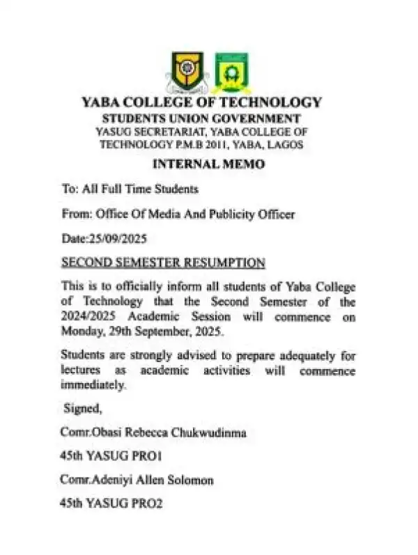 YABATECH second semester resumption date