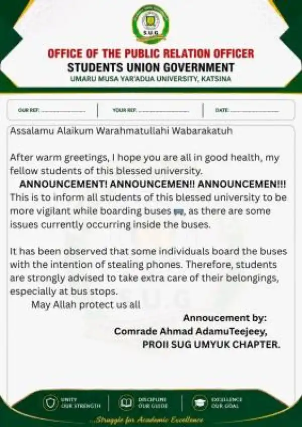 UMYUK SUG issues security notice to students