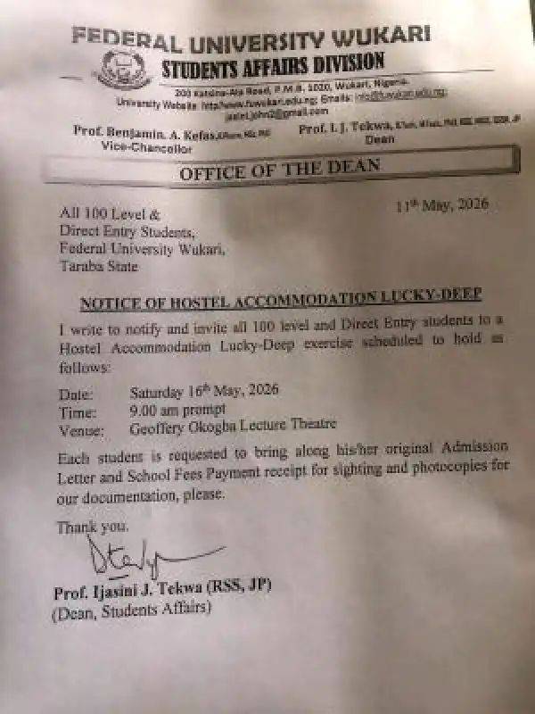 FUWUKARI notice of hostel allocation exercise for 100L/DE students