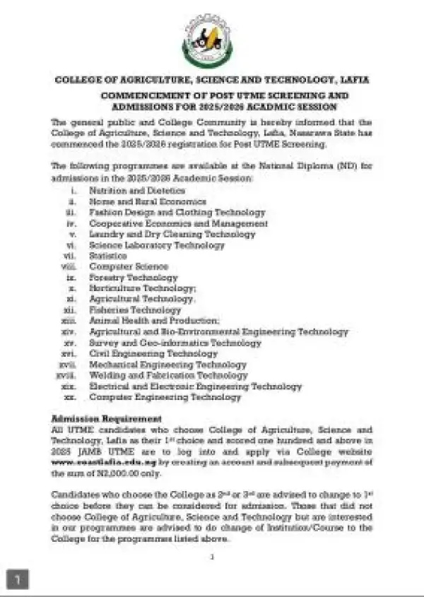 College of Agriculture, Sciences & Tech. Lafia ND/HND & PGD Admission forms, 2025/2026