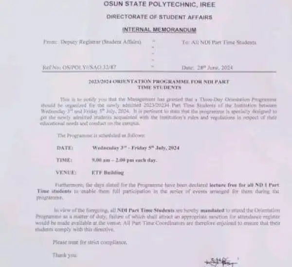 OSPOLY announces orientation programme for NDI part time students, 2023/2024