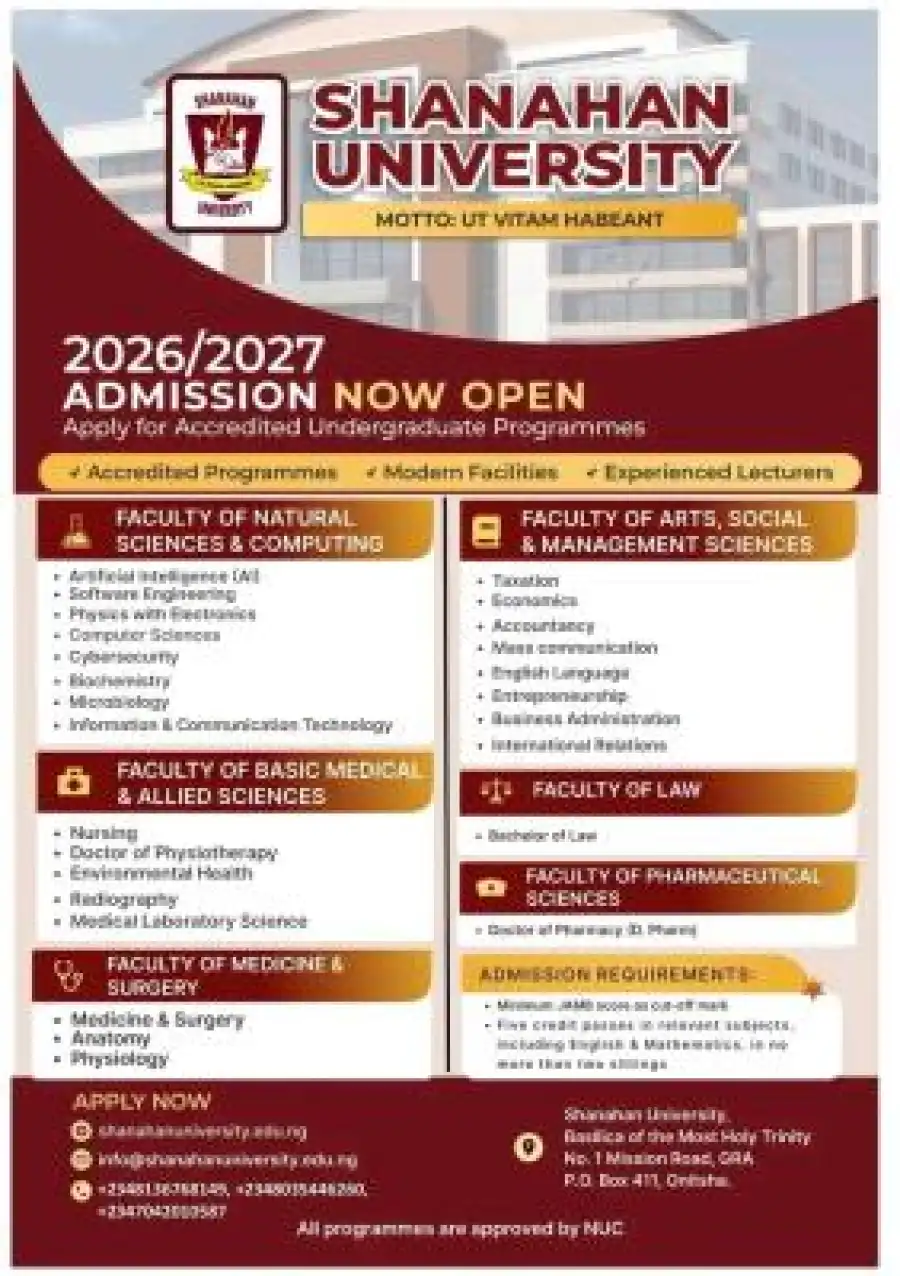 Shanahan University announces undergraduate admissions, 2026/2027 Waploaded
