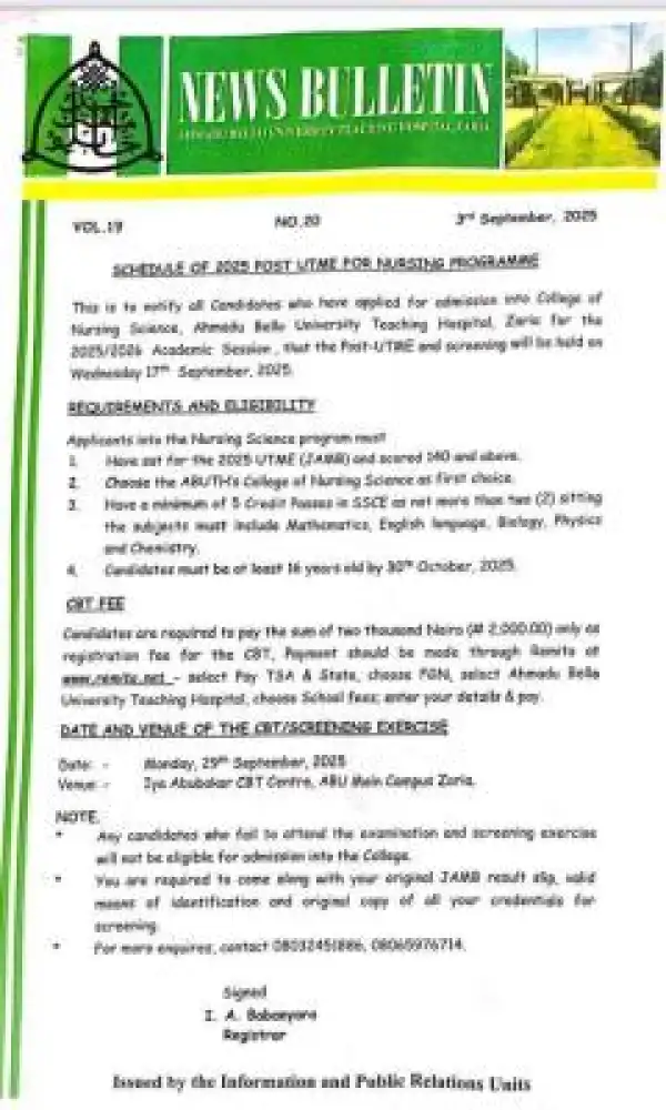 ABUTH School of Nursing announces screening exercise date, 2025/2026