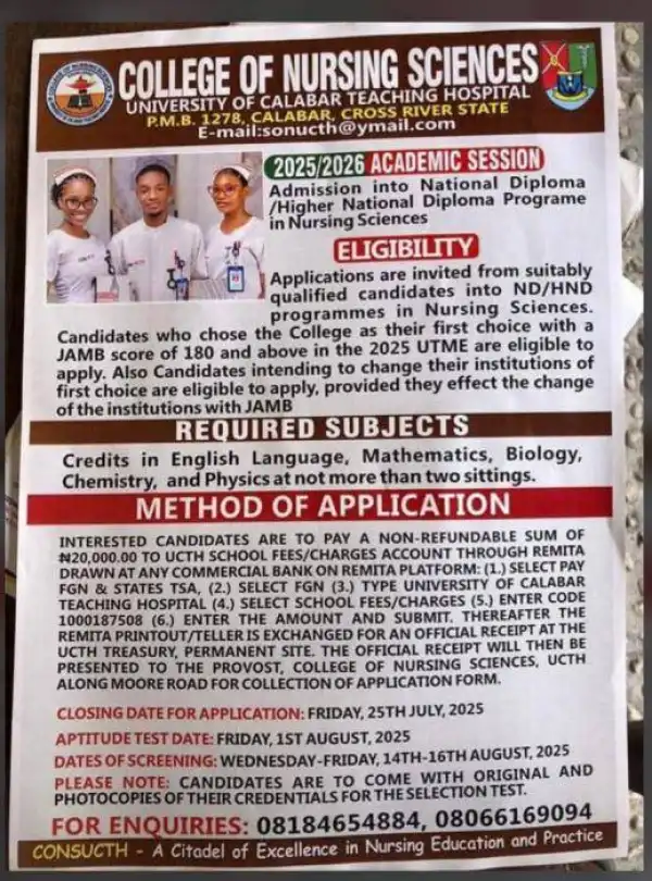 College of Nursing Sciences, University of Calabar Teaching Hospital ND/HND Nursing programme