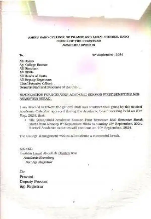 Aminu Kano College of Islamic & Legal Studies notice of mid-semester break