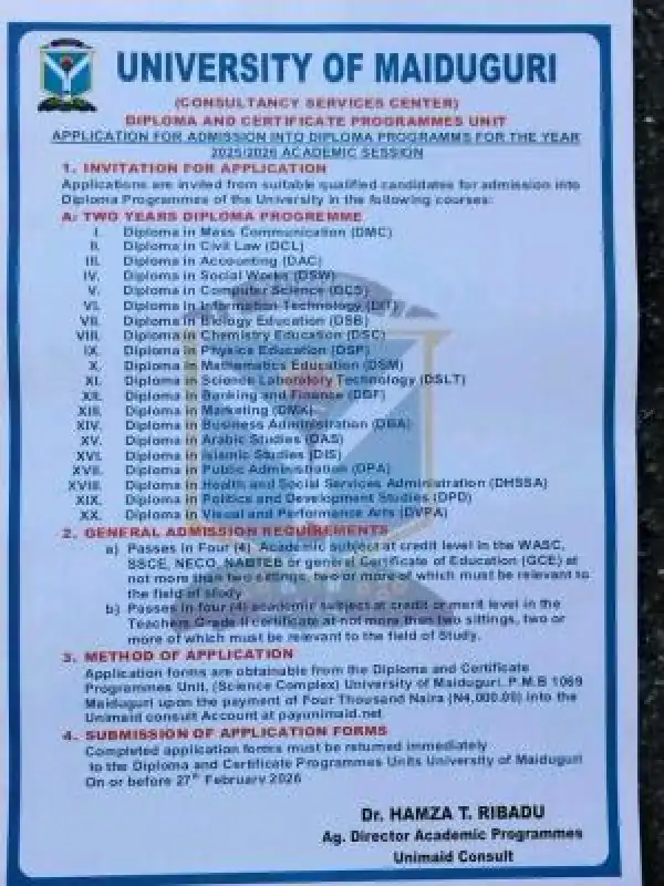 UNIMAID admission into Diploma programmes, 2025/2026