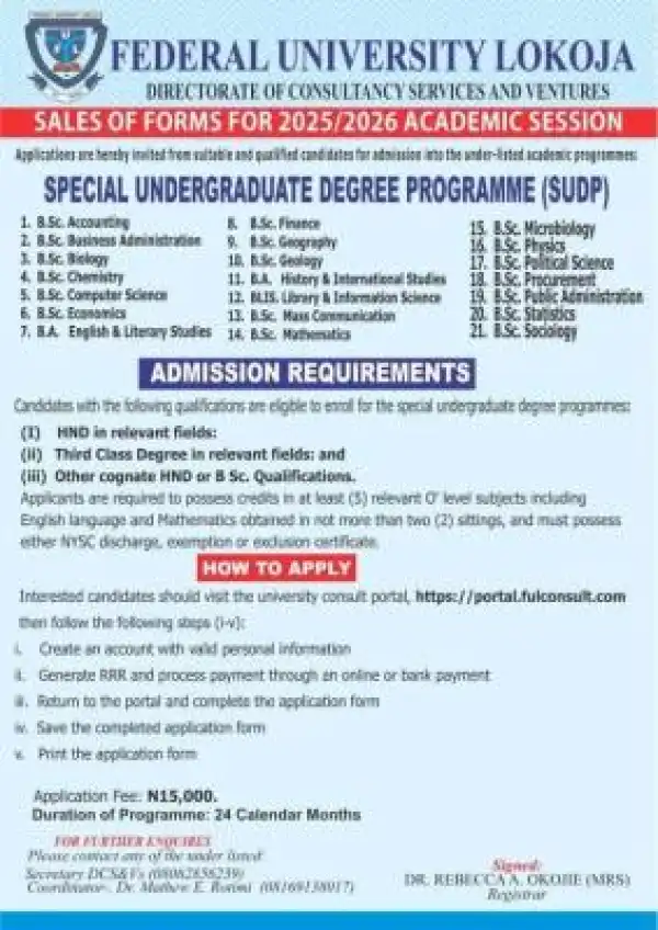 FULOKOJA special undergraduate degree programme, 2025/2026