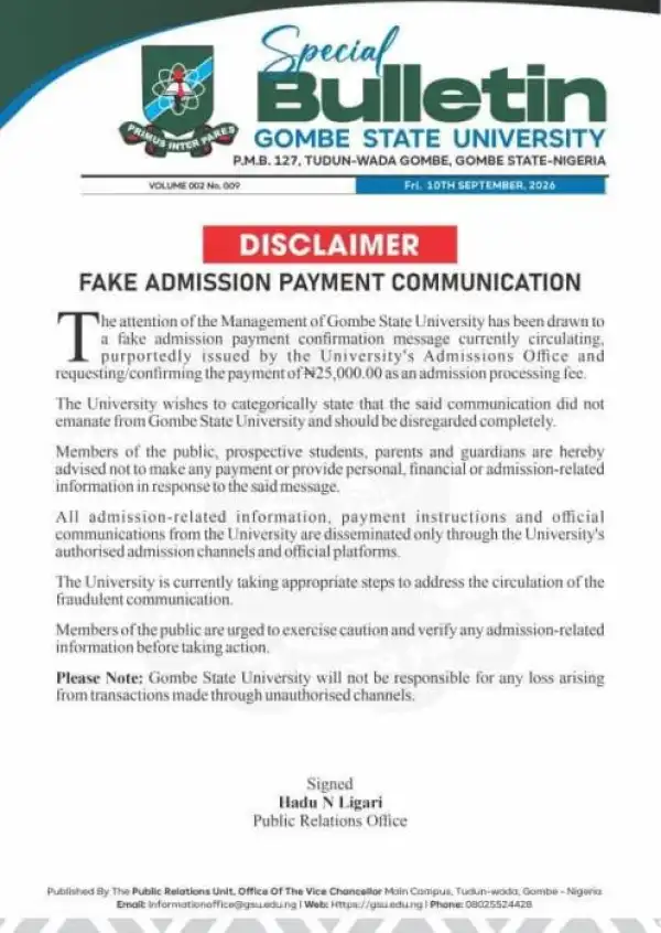 GSU disclaimer notice on fake admission payment communication