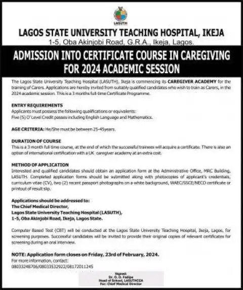 LASUTH admission into certificate course in caregiving, 2023/2024