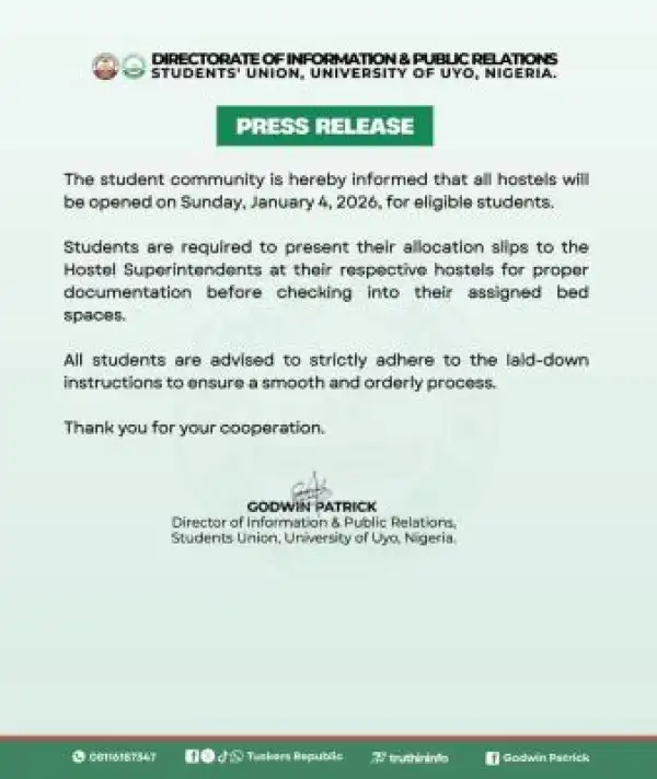 UNIUYO SUG notice on reopening of hostels
