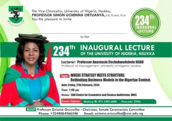 UNN announces 234th Inaugural Lecture