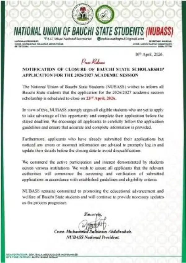 National Union of Bauchi State Students notice on Bauchi State Scholarship Application deadline