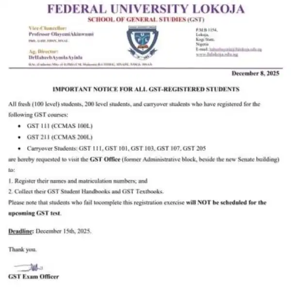FULOKOJA notice to students who have registered for GST courses